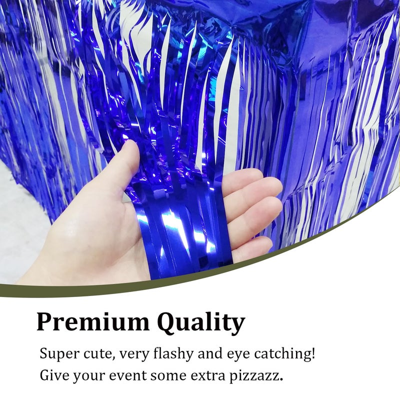 Blukey Set of 2 Metallic Foil Fringe Table Skirt 29x108 Inch Tinsel Disposable Skirting for Parade Floats Trailer, Mardi Gras Party, Birthday, Baby Shower, Wedding (Blue) - Image 1